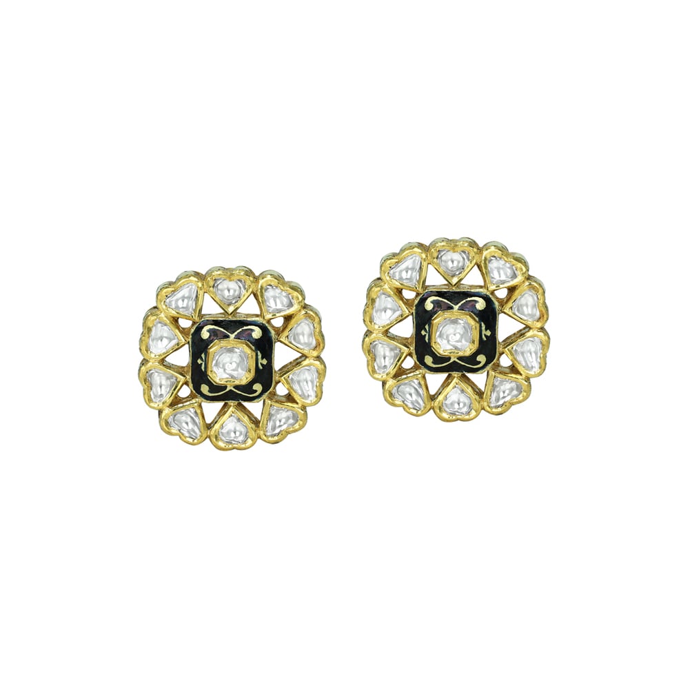 Polki Stud Earrings with Black Enamel and Teardrop Halo